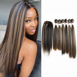 X-TRESS Highlight Balayage Synthetic Hair Bundles with Closure Yaki Straight Weft Weave Ombre Honey Blonde Swiss Lace Hair Extension Heat Friendly