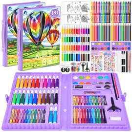 2 Pack Art Kit, Vigorfun Drawing Painting Art Supplies for Kids Girls Boys Teens, Gifts Art Set Case Includes Oil Pastels, Crayons, Colored Pencils, Watercolor Cakes (Purple)