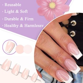 Pack of 24 Glue-On Nails, Short Square Nude White French Tip Artificial Nails, Press On Nails, Full Cover Acrylic Artificial Nails, Natural Fingernails, Fake Nails, Medium for Women and Girls