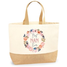 Lovely Grandmother Shopper Bag - Best Nan Ever Flower Wreath - Jute Canvas X-Large Tote Bag - Mothers Day Nanny Grandma Gran Nan XL natural