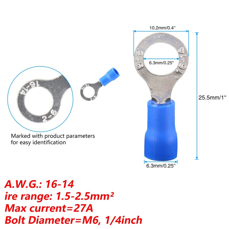 Bokwin 100Pcs 16-14AWG Insulated Terminals Ring Electrical Wire Crimp Connectors