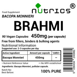 Nutrics® BACOPA MONNIERI 450mg x 90 V Capsules BRAHMI BRAMMI - 100% Pure - No fillers Binders or Bulking Agents (90)
