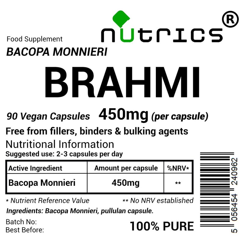Nutrics® BACOPA MONNIERI 450mg x 90 V Capsules BRAHMI BRAMMI