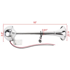 Amarine Made 12v Marine Boat Horn 115db Stainless Steel Single Trumpet Horn for Ship Truck RV Trailer, Low Tone, 16-1/8"