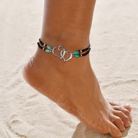 Elastic Beaded Ankle Bracelets for Women Double Heart Layered Stretch Ankle Bracelets Waterproof Dainty Boho Beaded Anklets for Summer Beach Foot Jewelry (Black Silver)