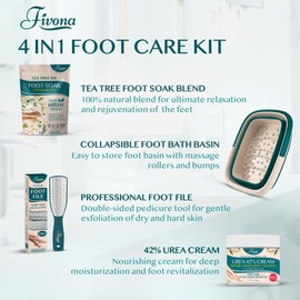 Fivona Foot Care Kit 4 in 1 - Foot Soak Blend with Epsom Salt, Tea Tree and Essential Oils - Collapsible Foot Soak Basin - 42% Urea Cream for Hard, Calloused Skin - Dual Action Foot File