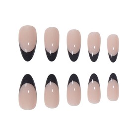 RikView Black French Tips Nails Almond Press on Nails Medium Fake Nails Black Glossy Nails 24 PCS/Set