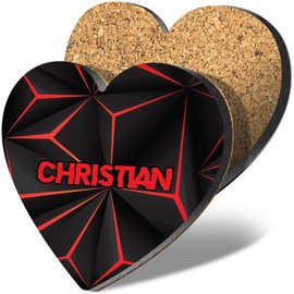 1 x Heart Coaster - Name Christian Gamer Black Red Video Game Letter Lettering Initial Cork Backed MDF Glossy Tea Coffee Accessory #272901
