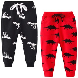 Toddler Boys Dinosaur 2T Jogger Pants Little Boys' Drawstring Elastic Waist Cotton Casual 2T Sweatpants 2 Pack Set Black Red 3T