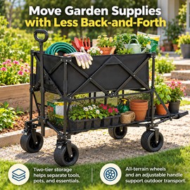2-Tier Folding Utility Wagon for Outdoor Transport - 220 lb Capacity with Adjustable Handle
