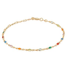 Barzel 18K Gold Plated Gold and Multi Color Crystal Baguette Anklet, 10 Inches - Made in Brazil