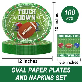 SUIGREOY 100Pcs Football Party Oval Paper Plates and Napkins Set -10" x 12" Large Disposable Heavy Duty Party Plates and 6.5'' Napkins for Football Party Supplies