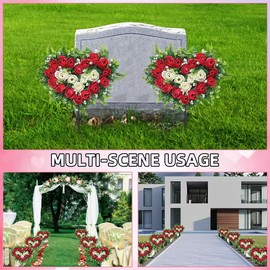 Hibsotco Artificial Cemetery Flowers Wedding Flowers Silk Flowers Artificial Roses Heart Bouquet with Long Spike for Ourdoor Grave Wedding Party Decoration (Red White)