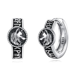 VONALA Wolf Earrings Sterling Silver Black Viking Wolf Hoop Earrings Small Animal Huggie Hoop Earrings Wolf Jewelry Gifts for Women Men Teens Girls Birthday Graduation
