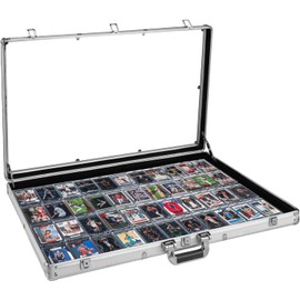 Large Cards Trade Show Display Case, Portable Aluminum Trading and Graded Card Display Frame with Locks, Table Top Aluminum Holder with Clear Acrylic Showcase for Jewelry Craft Collector Shows