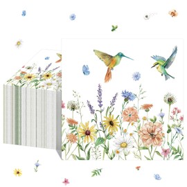 Janlaugh 100 Pack Summer Spring Wildflower Cocktail Napkins Disposable Floral Hummingbird Paper Dinner Hand Napkins Flower Decorative Towels 13 x 13 Inch for Wedding Bridal Shower Birthday Tea Party