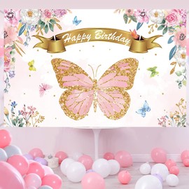 Butterfly Happy Birthday Party Backdrop Decorations Watercolor Girl Banner Spring Themed Birthday Party Photography Background Pink Butterfly Party Banner Supplies Decor