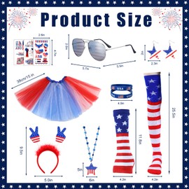 19 Pcs Independence Day Costume Set, American Flag Tulle Tutu Skirt High Socks Arm Sleeves Patriotic Headband USA Silicone Bracelet Sunglasses Necklace Earrings Temporary