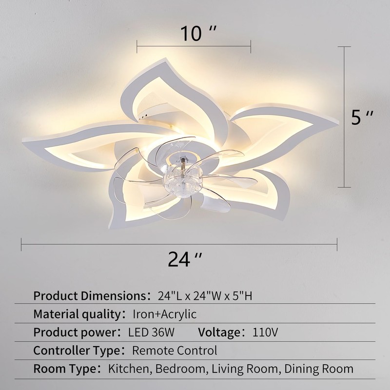 Ruibutrade White Flower Modern CeilingFans with Lights, Low Profile Ceiling