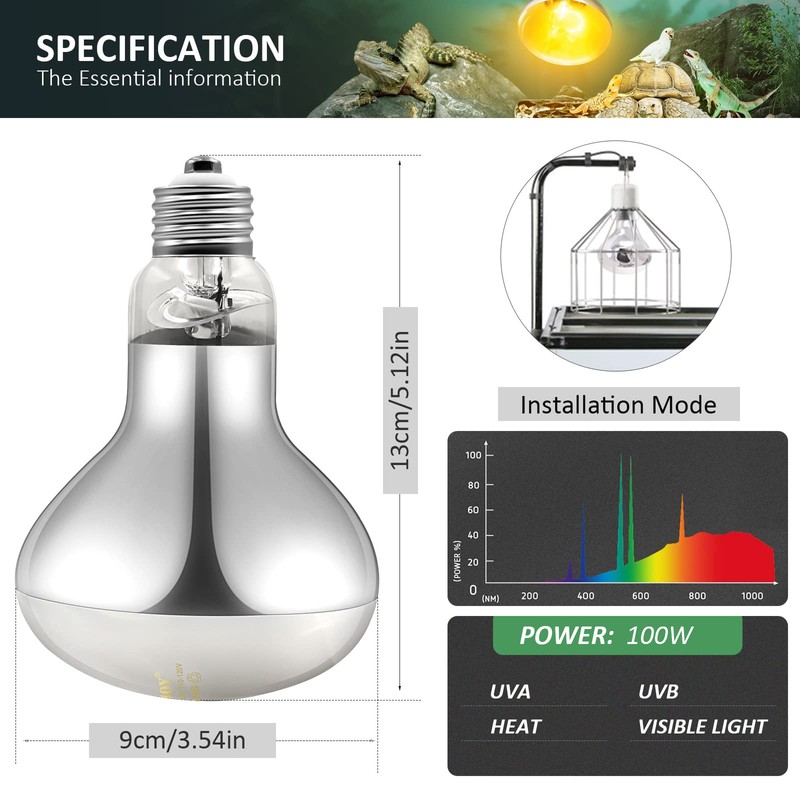 MIXJOY 100W Reptile Heat Lamp Bulb Full Spectrum UVA UVB