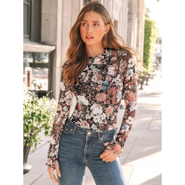 iGENJUN Lace Long Sleeve Shirts Floral Mesh Mockneck Going Out Tops for Women Business Casual Fashion Fall Outfits 2025, Floral Fierce,M Black