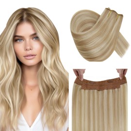 RUNATURE #18P613 Real Hair Extensions with Invisible Wire Blonde Highlights 50 cm Real Hair with Wire Ash Blonde with Blonde Extensions Real Hair with Tape 100 g