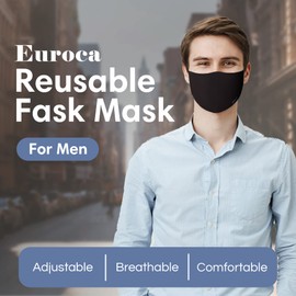 Euroca - Cloth Face Mask, 3 Layers Cotton Face Masks, Adjustable Face Mask Set, Face Masks Reusable & Washable, Face Mask With PM2.5 Filter Sheets (3 Pack Man Black)