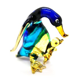 WitnyStore Tiny 1½" High Blue Yellow Mom Feeding Baby Penguin Figurine - Miniature Hand Blown Glass Antarctic Sea Birds Colorful Small Crystal Animals Decorative Collectible Figurines Décor Gifts