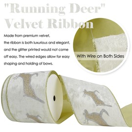 HUIHUANG Wired Christmas Ribbon 4 inch White Velvet Wired Ribbon with Glitter Gold Deer, Running Reindeer Ribbon for Christmas Trees, Tree Top Bows, Garland, Staircases, Wreaths-10 Yards