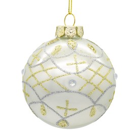 Kurt Adler 80MM Glass White with Pearl & Gold Accent Ball Ornaments