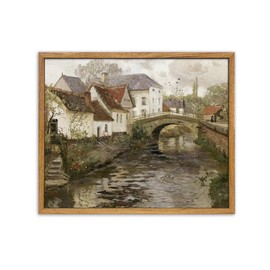 UPWOIGH Vintage Framed Wall Art,12"x16" Country Oil Painting,Belgian Village Canal Print,European City,Rustic Wall Decor,Antique Painting,Moody Autumn Farmhouse Artwork for Living Room Bedroom,1Pack