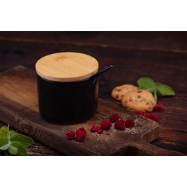 Pullmer Ceramic Sugar Bowl with Bamboo Lid and Sugar Spoon, Sugar Container (Ronnie Black)