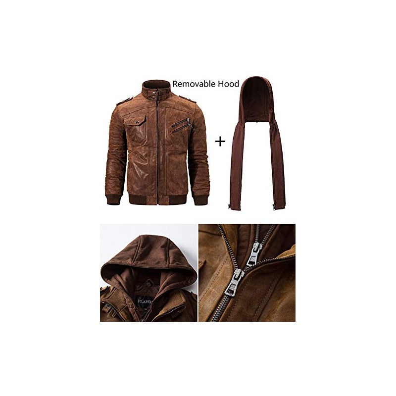FLAVOR Men Brown Leather Motorcycle Jacket with Removable Hood (Large
