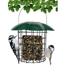 Backyard Essentials Large Seed or Suet Log Cage Feeder - Metal Suet Cage Cylinder Bird Feeder with Green Slide Down Protective Roof