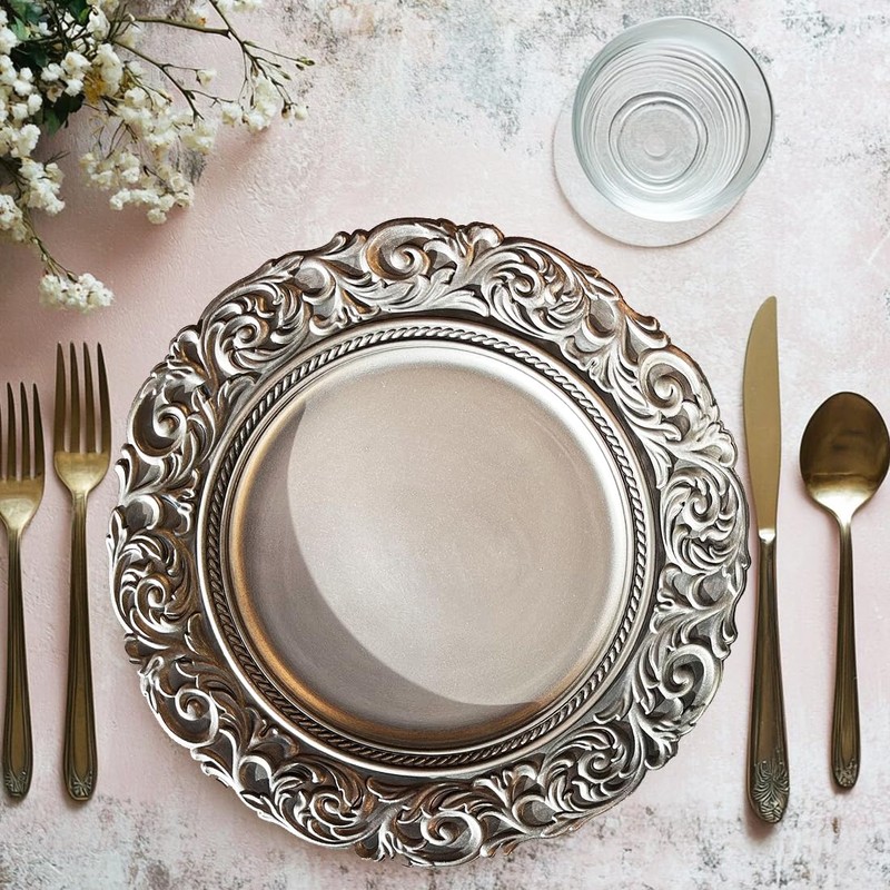 Umisriro Antique Silver Charger Plates Embossed Rim, 13 Inch Dinner