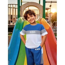 Axumity Kid 6-12 Years Boys Clothes Outfits Casual Crew Neck Colorblock Short Sleeve Top Fall Pants Set(11-12Years)