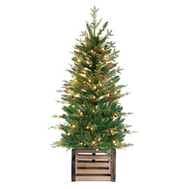 Haute Decor 4 Foot Pre-lit Asheville Artificial Fir Christmas Potted Tree with 100 Soft White LED Lights on Battery Operated Automatic Timer - Small Christmas Tree in Wooden Crate