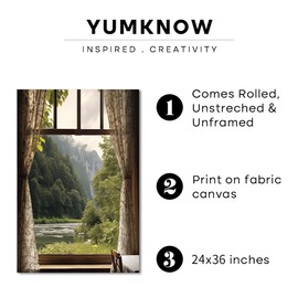 Rolled Canvas 24x36 Print Wall Decor - Windows View to Nature Wall Art - Decoration Bedroom, Living Room, Office - Serene Tranquil River Trees Cabin in the Woods - Spring Summer Forest Waterfall Lake