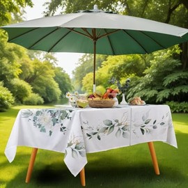 Summer Outdoor Tablecloth with Umbrella Hole and Zipper, Eucalytpus Water Color Table Cloth for Rectangle Tables, Water Resistant Rectangular Polyester Table Cover for Picnic/Patio 60 * 120 Green