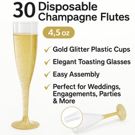 30 Disposable Champagne Flutes - 4.5 oz Gold Glitter Plastic Cups for Parties - Elegant Toasting Glasses - Perfect for Weddings, Engagements, Mimosa Bars, Thanksgiving, Christmas, New Year’s Eve