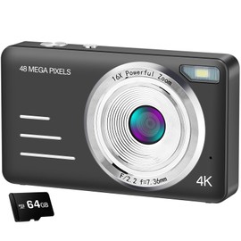 Digital Camera 4K Kids Camera Digital with 48MP High Resolution,16X Zoom Large 2.4'' Screen This Camera Comes with 64GB Micro SD Card,Big Battery for Kids Boys and Girls (Black)