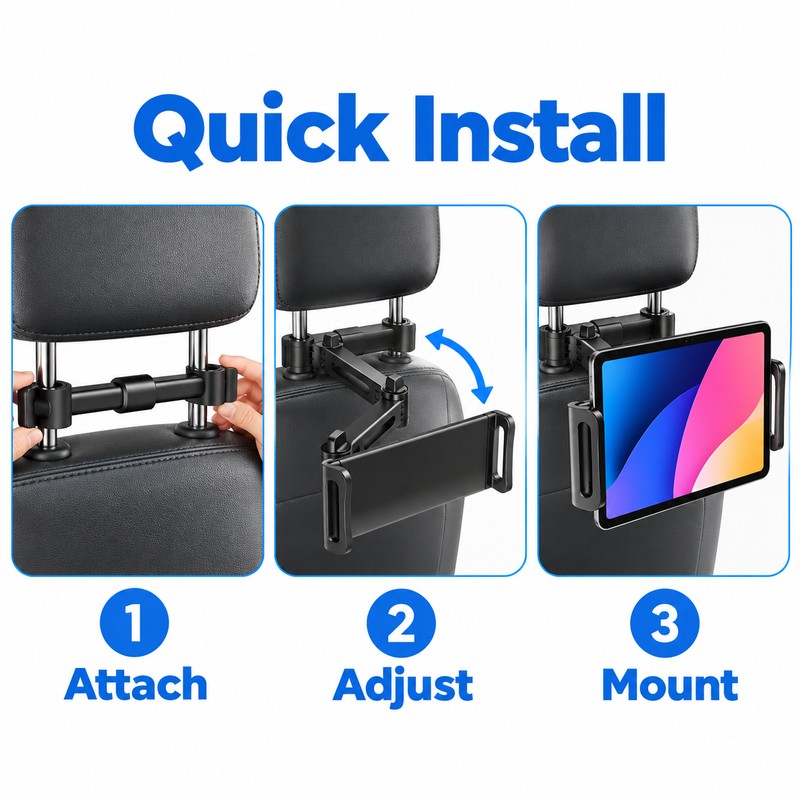 Car Headrest Tablet Holder for Backseat Use – 360° Rotating