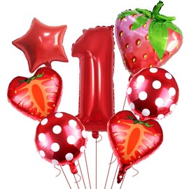 SKTMH 7pcs Strawberry Balloons Strawberry Party Decorations Fruit Strawberry Birthday Number Mylar Foil Balloons Star Balloons for Strawberry Party Supplies Strawberry 1st Birthday Party Decorations