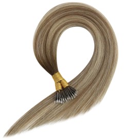 Sunny Hair Nano Beads Hair Extensions Invisible Nano Hair Extensions Human Hair Straight Nano Tip Hair Nano Ring Hair Extensions 50G/50S Cool Brown Ombre Light Brown Highlight Blonde 22inch