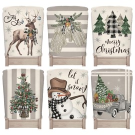 JarThenaAMCS 6Pcs Christmas Chair Back Cover Gray White Xmas Tree Truck Reindeer Seat Covers Winter Farmhouse Dinning Chair Slipcover Protector for Home Kitchen Decor