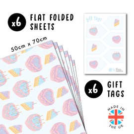 Pastel Wrapping Paper - 6 Sheets Of Gift Wrap For Her - Vintage Birthday Cakes - Girls Wrapping Paper - Comes With Stickers - Recyclable - By Central 23