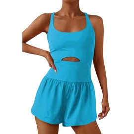 ReachMe Womens Running Onesie Workout Rompers Athletic Romper One Piece Outfits Exercise Jumpsuits Gym Yoga Clothes(Aquamarine,S)