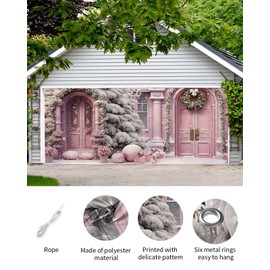 T&H XHome Christmas Garage Door Decorations 7x16 FT, Christmas Pink Castle Gate Xmas Wreath Garage Door Cover Hanging Backdrop Mural Garage Door Banner for Holiday Party Outdoor Indoor