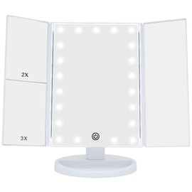 Essbhach Makeup Mirror with Lights, Vanity Desk Mirror 1/2/3/5X Magnifications, 21 LED Trifold Mirror and Touch Screen, 180 Degree Vanity Mirror, Gift for Women, White