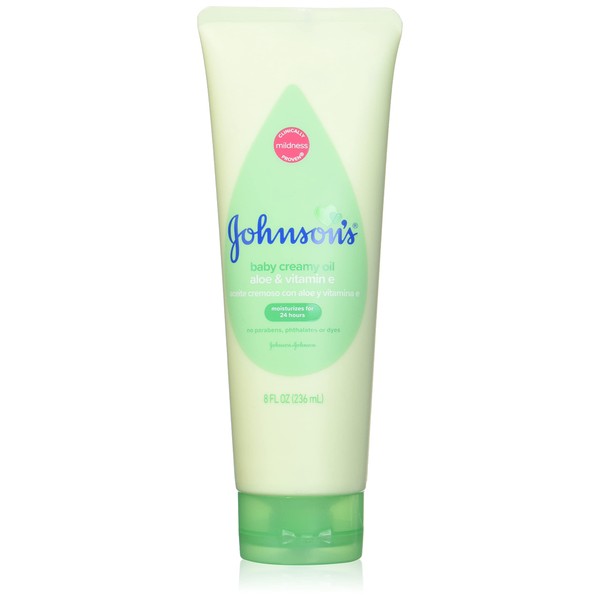 Johnson's Baby Creamy Oil with Aloe & Vitamin E for Delicate Skin, Non-Greasy Moisturizing Baby Body Lotion for Soft Skin, Hypoallergenic & Free of Parabens, Phthalates, & Dyes, 8 Fl. Oz